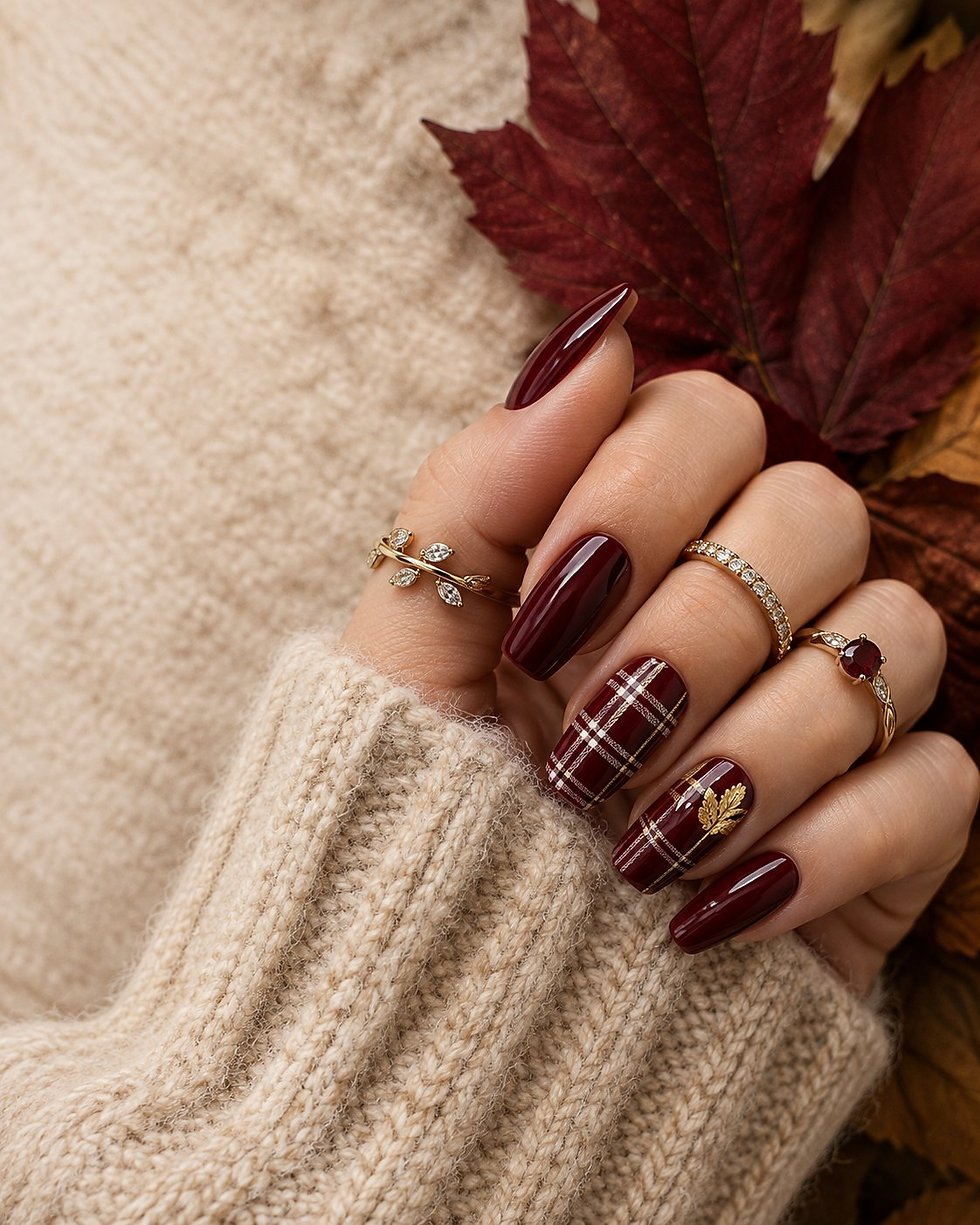 Deep burgundy coffin nails with gold and cream plaid and a gold leaf accent