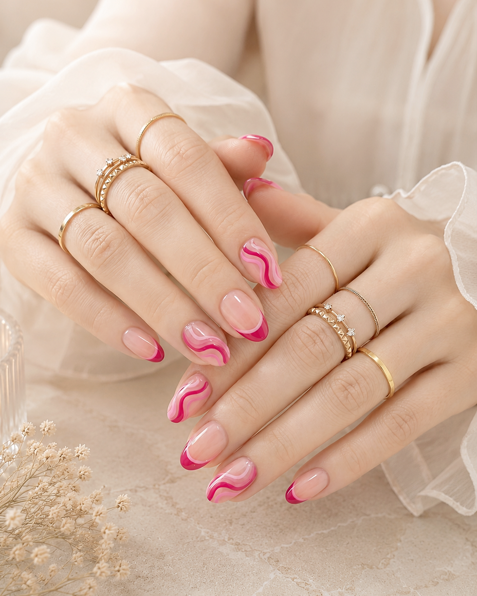 Close-up of manicured hands with pink wavy nails and gold rings on a soft beige background, elegant and delicate.