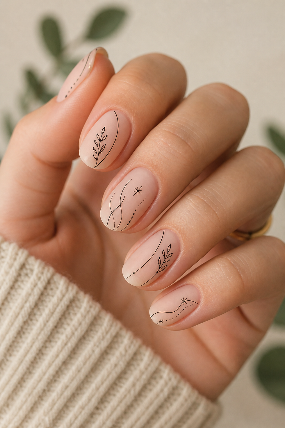 Close-up of a hand with delicate black line art on nude nails, featuring leaves and stars. The background is blurred with green leaves.