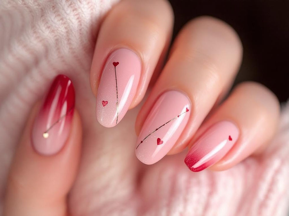 Close-up of a hand with pink and red ombre nails, featuring tiny heart designs on each nail. Soft pink knit background. Romantic vibe.
