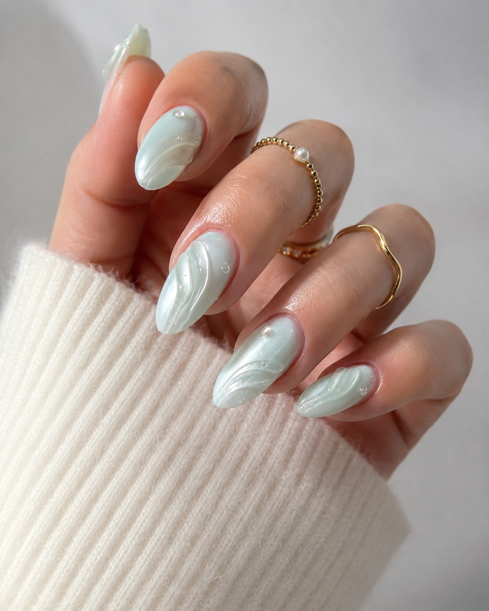 Close-up of a hand with pale blue pearl nail art and gold rings, resting against a cream sweater on a soft gray background.
