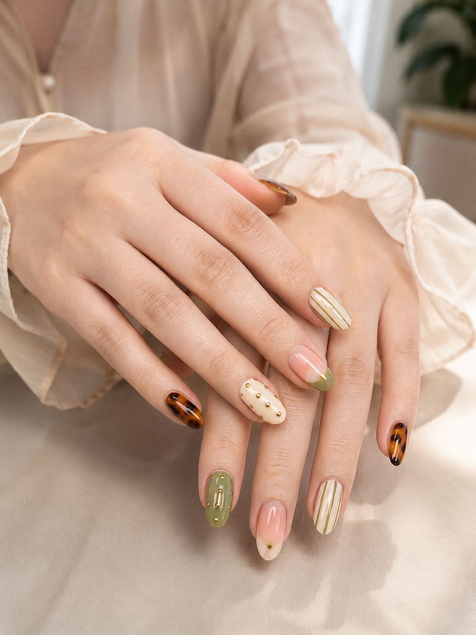 Close-up of crossed hands with pastel and tortoiseshell manicured nails, cream ruffled sleeves, in soft warm indoor light.
