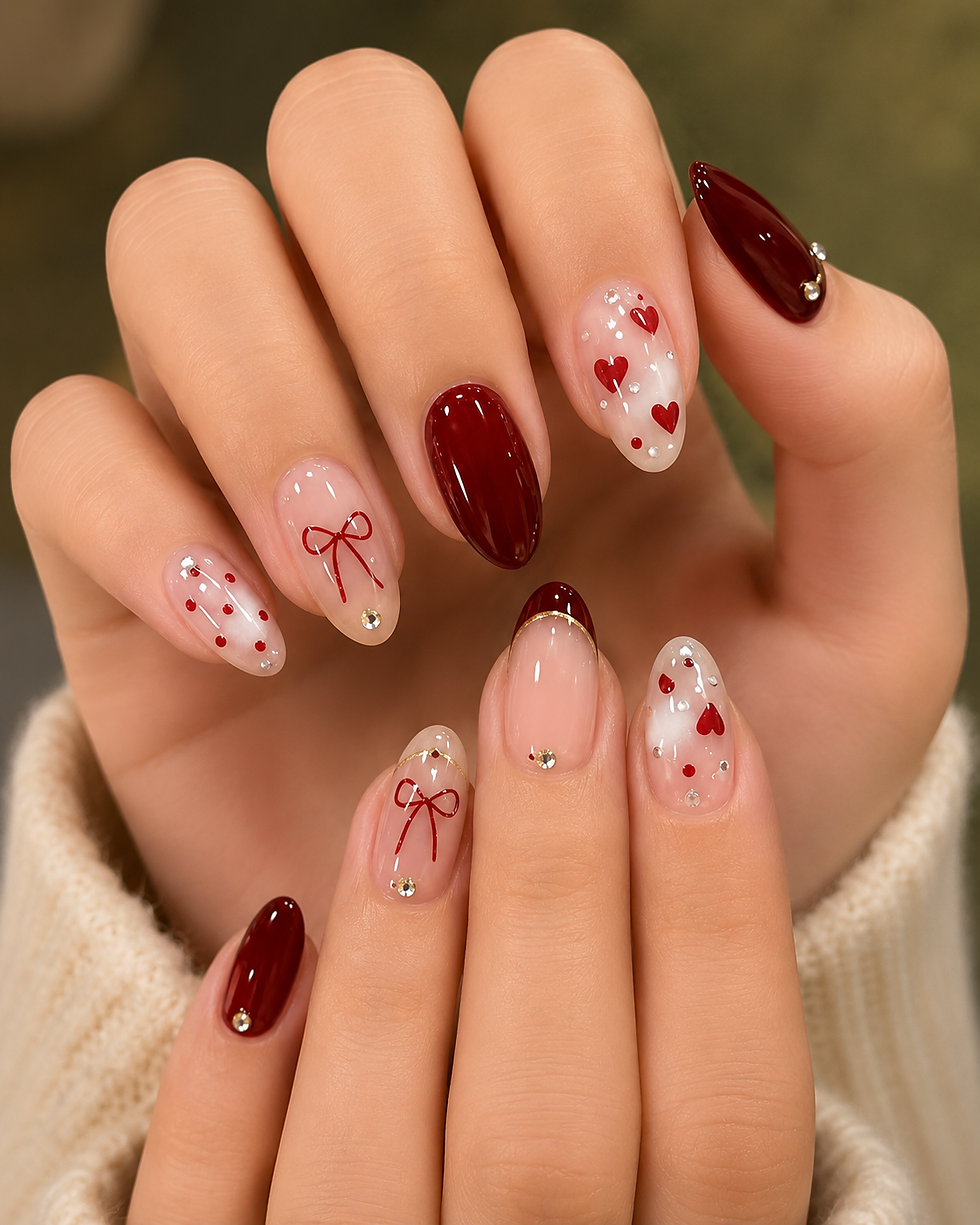 Coquette-style almond nails in a rich vampy red tone. Features a mix of solid glossy deep red nails, thin red bow accents, mini hearts, subtle polka dots, and tiny rhinestones on a sheer nude base.