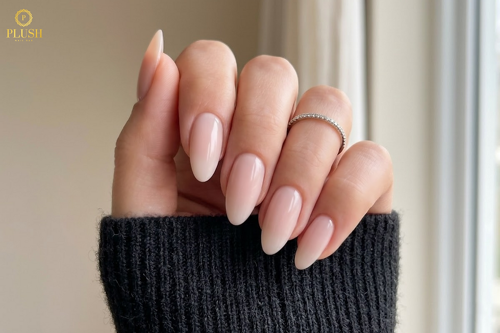 Natural short nails with clean RUSSIAN MANICURE look, showcasing minimal and glossy finish