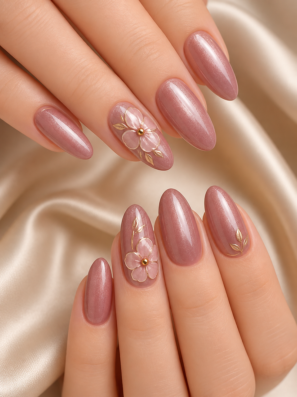 Pinkish nails with floral designs on silk background convey elegance. Two nails feature delicate pink flowers with gold accents.