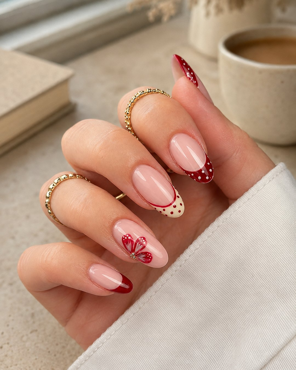 Short almond nails with cherry red French tips, white dots and a heart accent