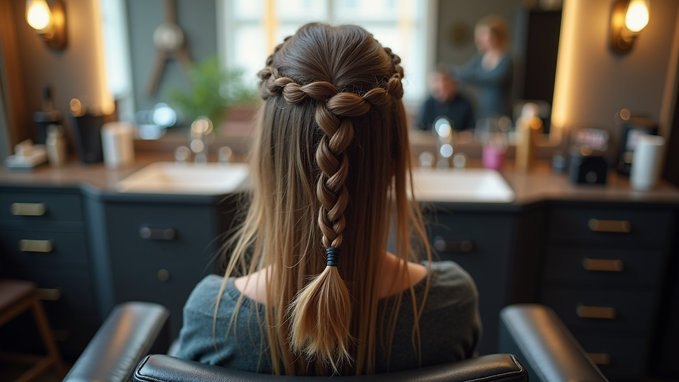 Eye-level view of a salon chair with braiding tools ready for styling