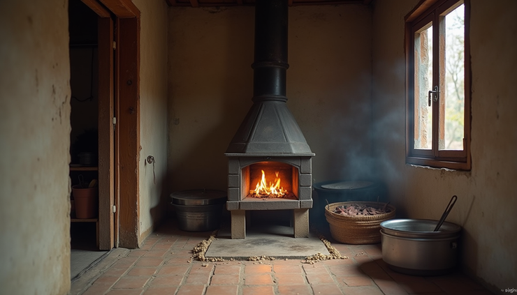 Eye-level view of a traditional Myanmar village kitchen with an efficient woodstove installed