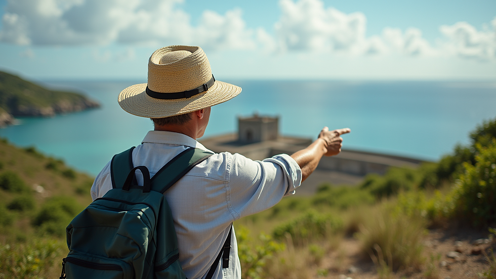 Eye-level view of a local guide pointing out a historic site in St. Croix