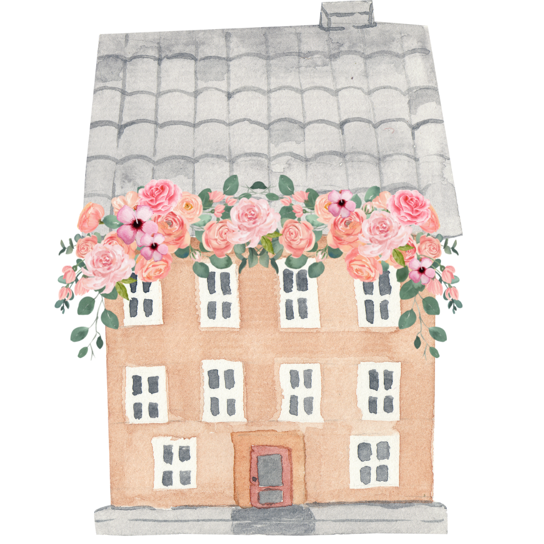 Graphic of pretty house with pink flowers