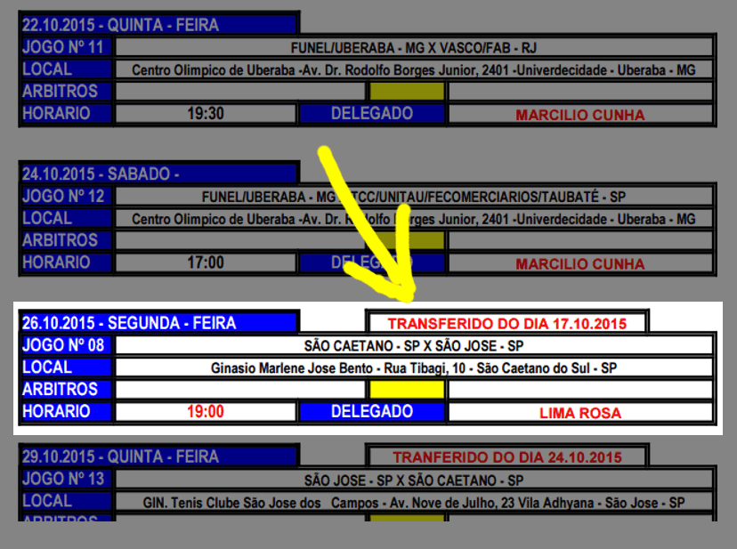 Reprodução da Tabela de jogos do site da CBHb.