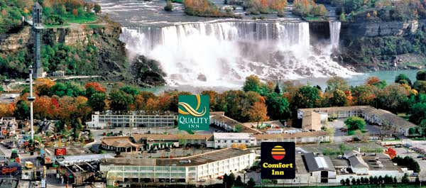 Aerial photo featuring the Comfort and Quality Inns, Clifton Hill, Dazzleland, and the Falls Tower Ride from around the year 2000.