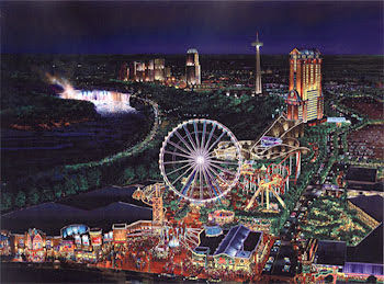 Artist's rendering of the never finished development plan, featuring an amusement park surrounding the Skywheel, a still-operational Comfort Inn, and the waterpark hotel resort in the background.