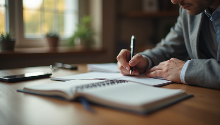 Eye-level view of a person writing in a journal with a calm background