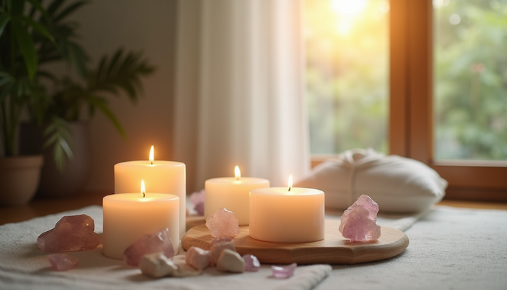 Eye-level view of a serene meditation space with candles and crystals