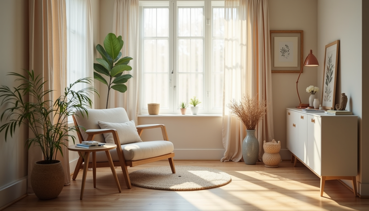 Eye-level view of a calm room with soft lighting and a comfortable chair