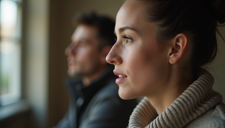Eye-level view of a person attentively listening during a conversation