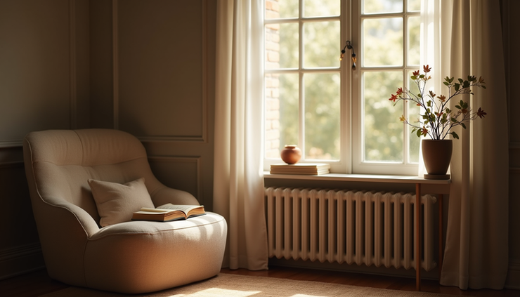 Eye-level view of a cozy reading nook with soft lighting and a comfortable chair