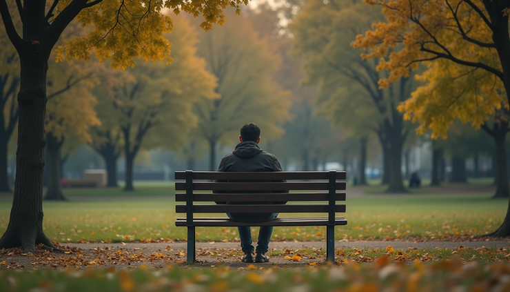 Eye-level view of a single person sitting alone on a park bench, looking thoughtful