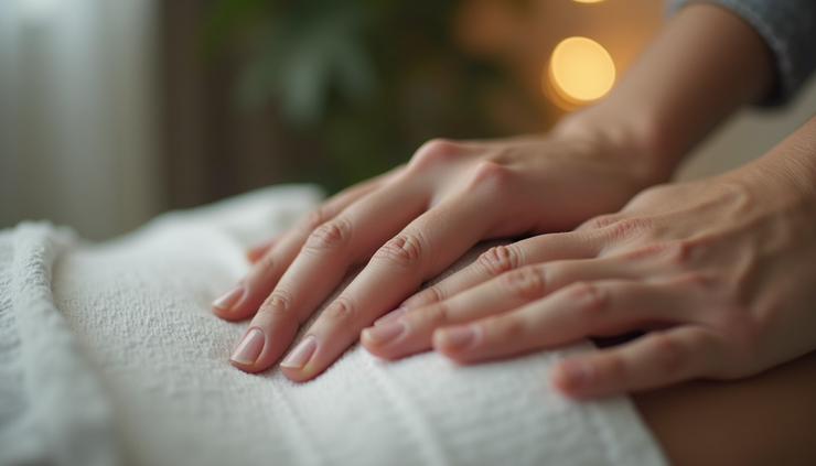 Close-up view of a person lying on a massage table receiving gentle touch therapy on the shoulder