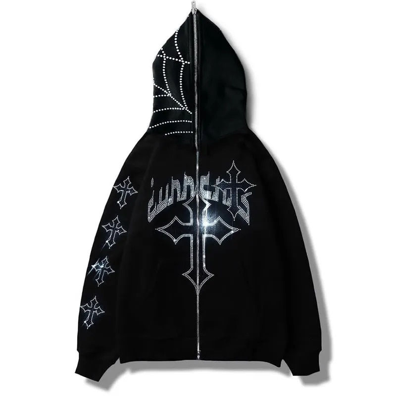 Men Y2K Fashion Hoodie Rhinestones letter graphics Print Zip Hoodie