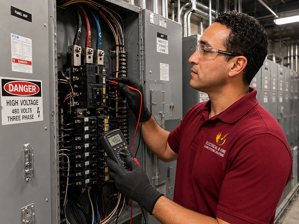 An electrician performing electrical services on a high voltage panel.