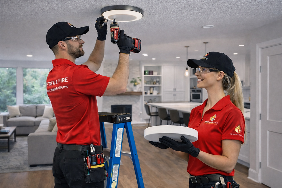 Technicians installing a ceiling light fixture