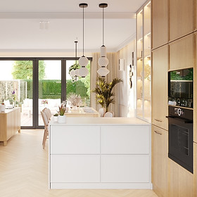wysoka zabudowa kuchenna, piekarnik, mikrofala, salon