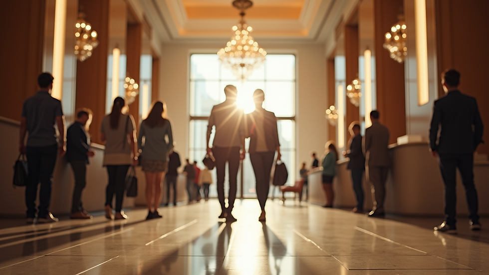 Eye-level view of a hotel lobby with guests checking in