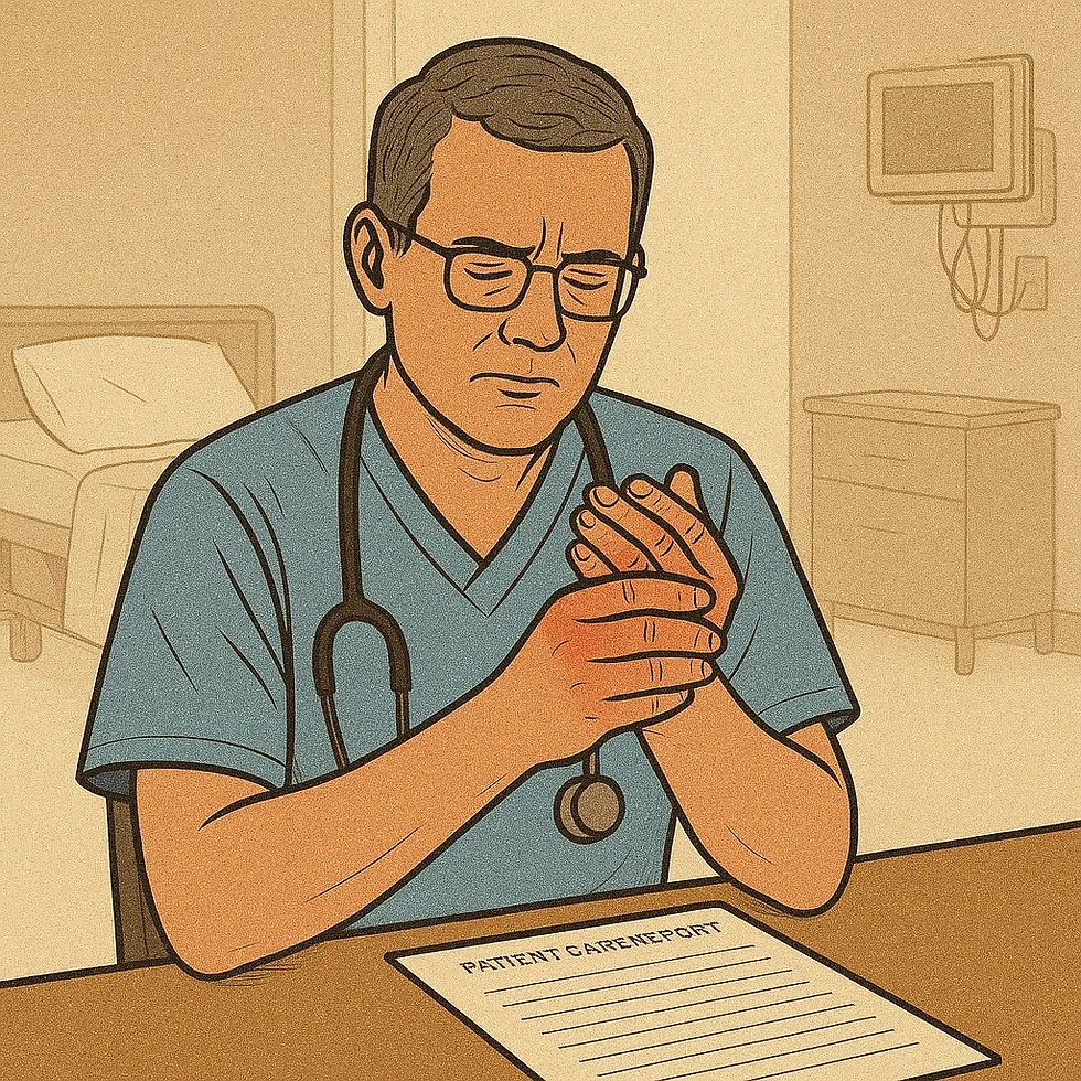 Image of a doctor rubbing his hands in pain, showing signs of arthritis-related stiffness and discomfort. Visual used by Saving Grace Medical Academy to raise awareness about arthritis symptoms and support nursing student education.