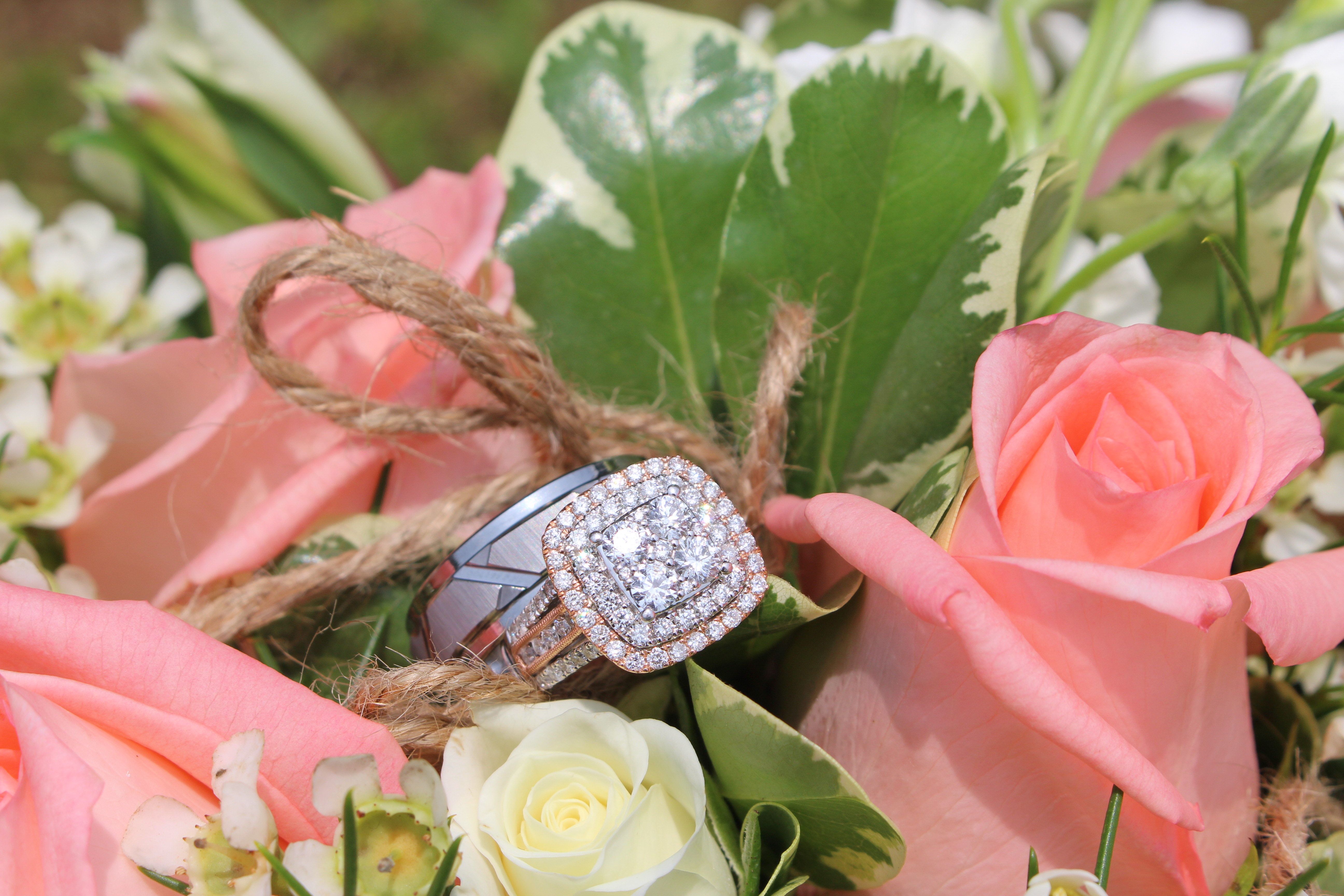 Coral and white wedding bouquet