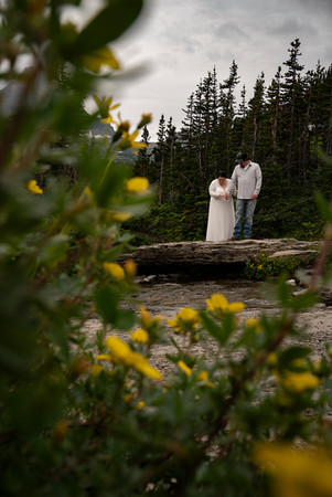 fine art style photo of elopement couple framed by wildflowers Glacier national park