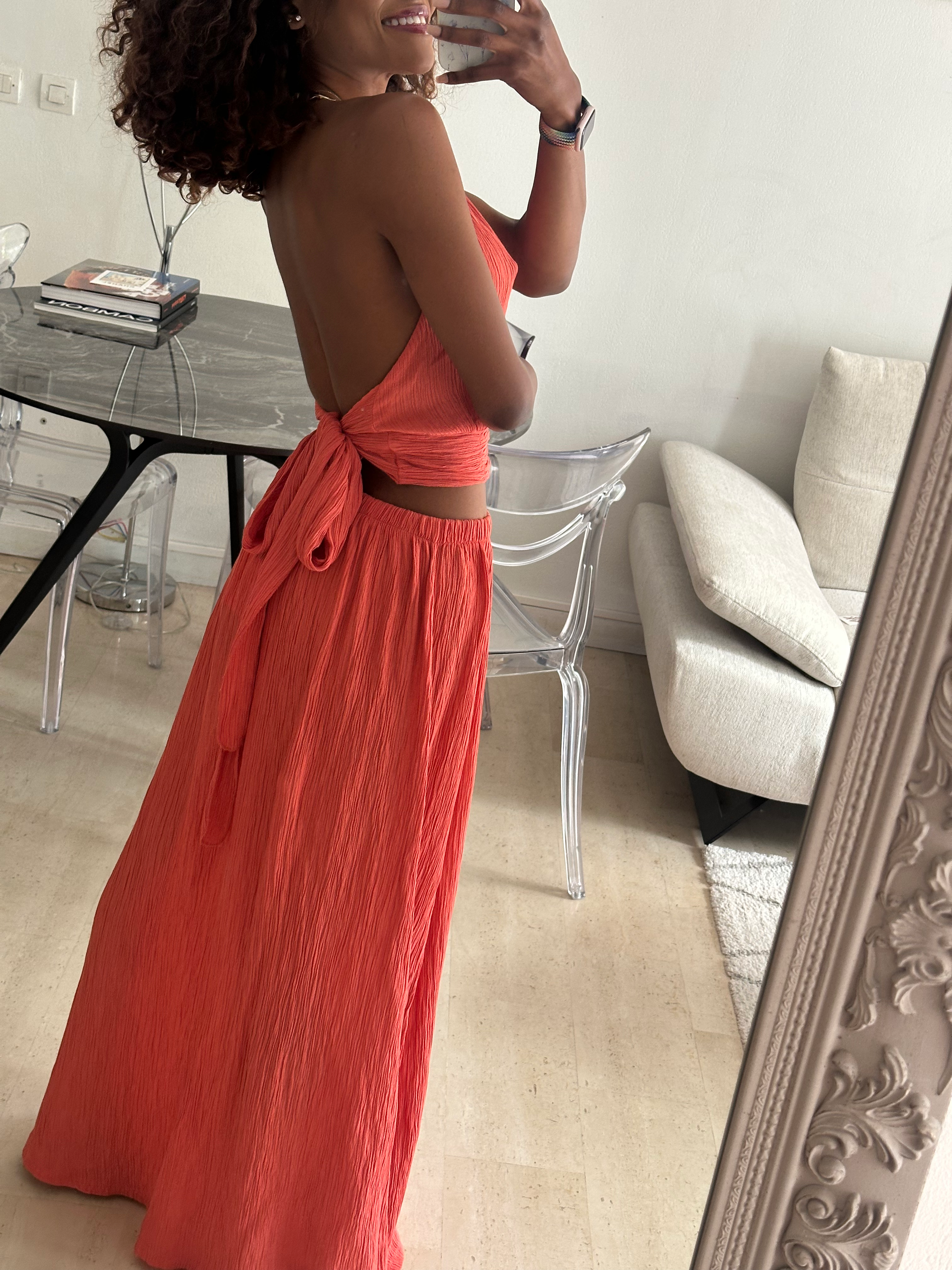 Ensemble jupe et top dos nu orange