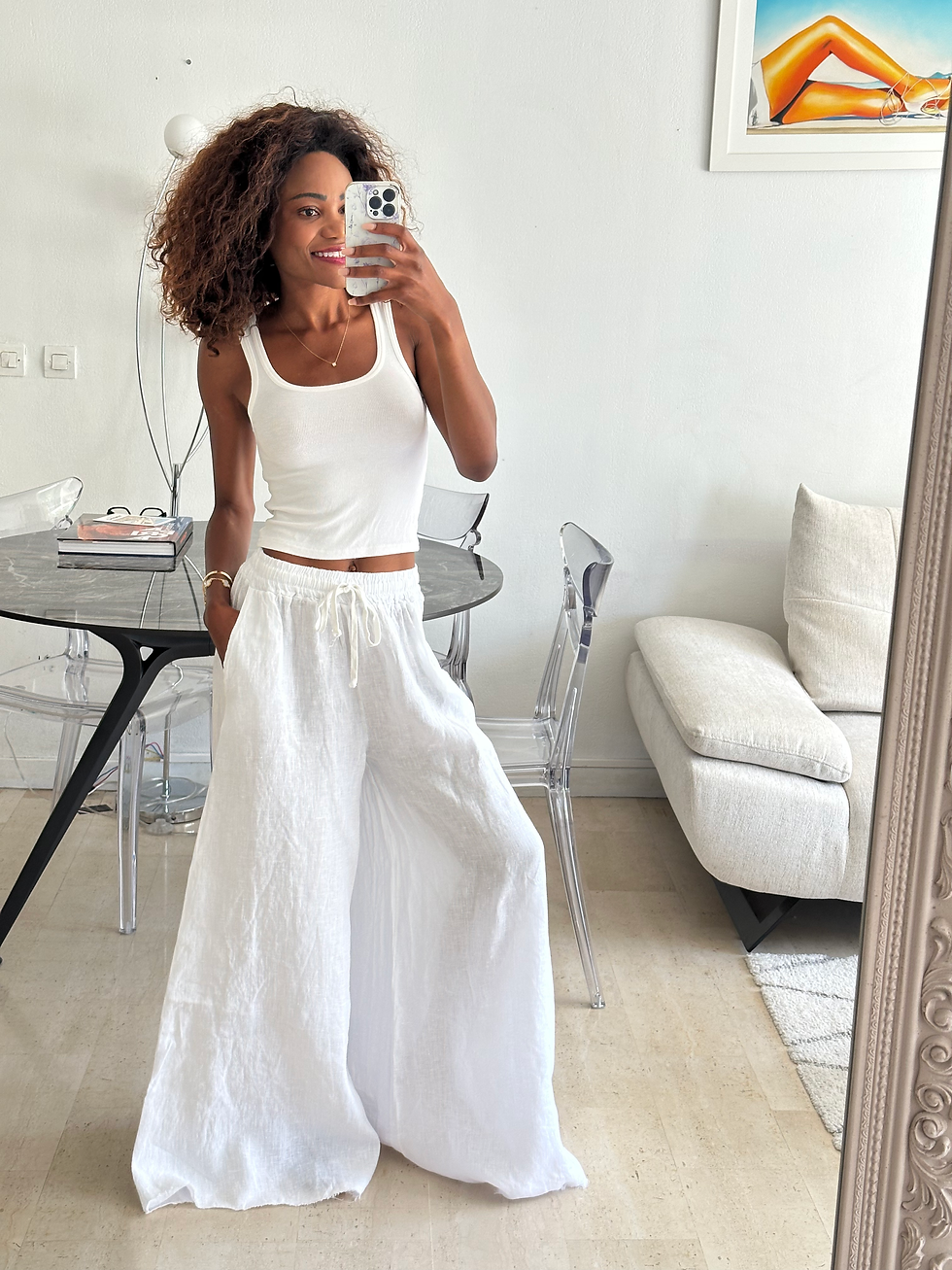 Miniature : Pantalon large blanc 100% lin
