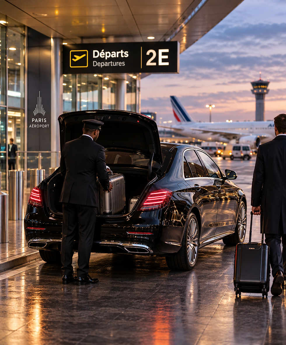 Premium airport transfer scene at Paris airport terminal with chauffeur loading luggage into black luxury car, vertical framing.