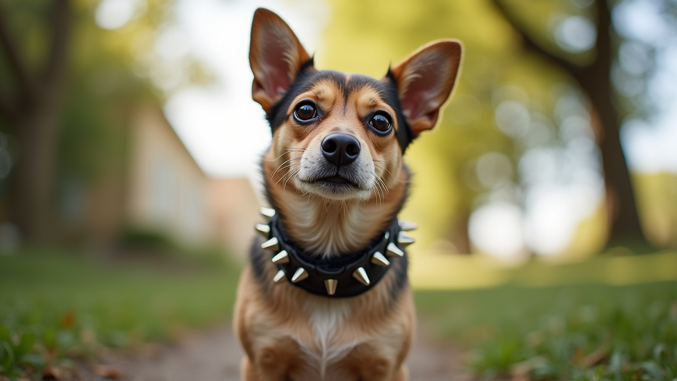 Eye-level view of a small dog wearing a stylish spiked collar outdoors
