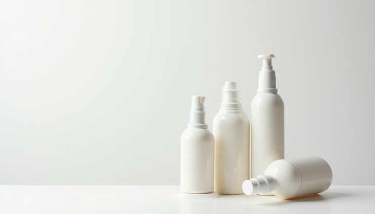 Close-up view of a simple skincare setup with a cleanser, moisturizer, and serum on a clean white surface