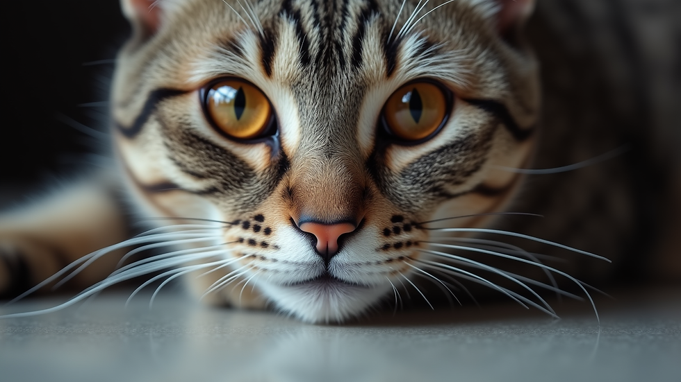 Close-up eye-level view of a British Shorthair cat with copper eyes