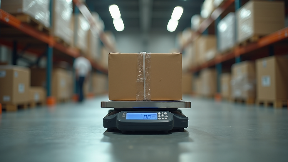 Eye-level view of a shipping scale weighing a small package