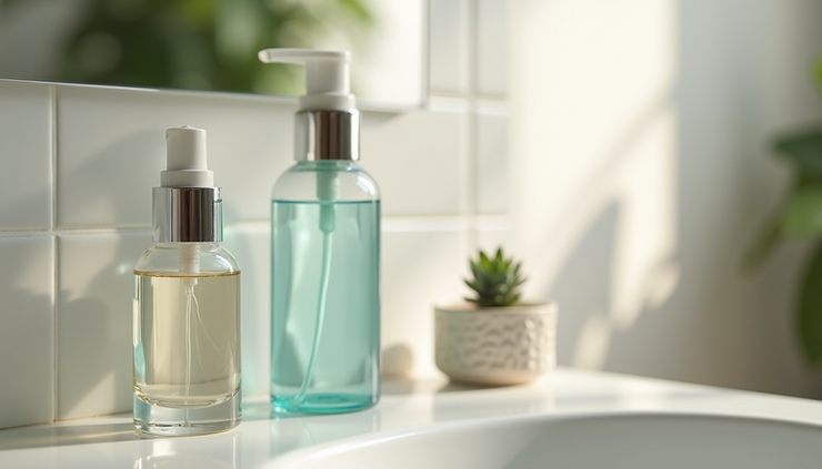 Close-up view of a clean bathroom sink with skincare products neatly arranged