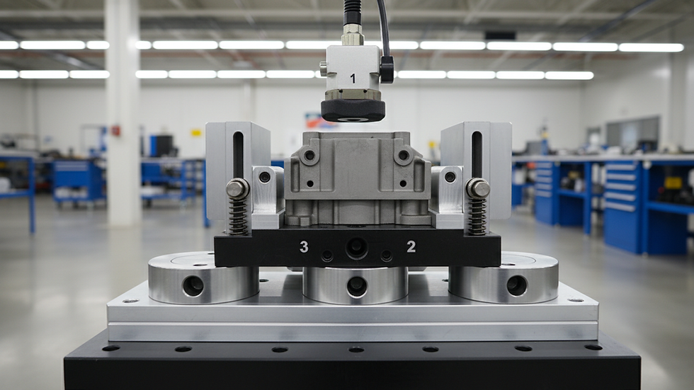 Eye-level view of a custom fixture demonstrating the 3 2 1 principle in a manufacturing workshop