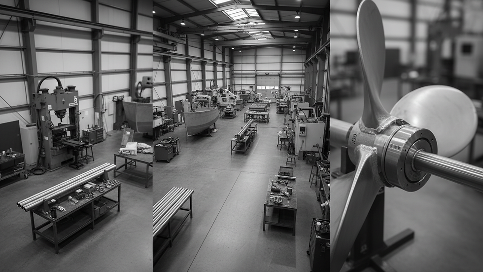 High angle view of a marine fabrication workshop with metal components and machinery