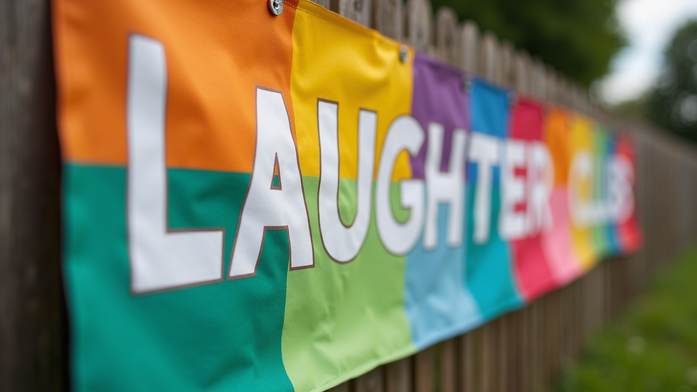 Close-up view of a colorful laughter club banner at a community center