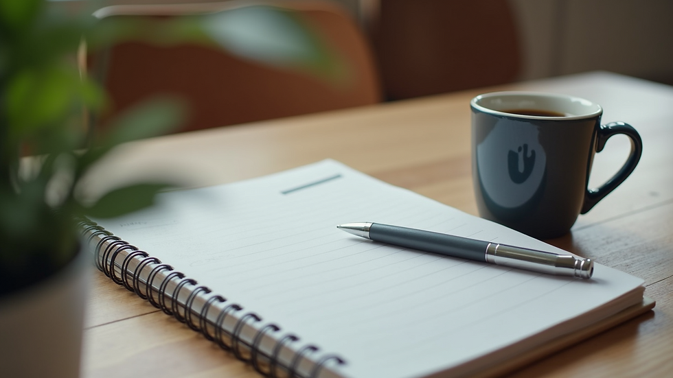 High angle view of a notebook and coffee cup on a table during a coaching session