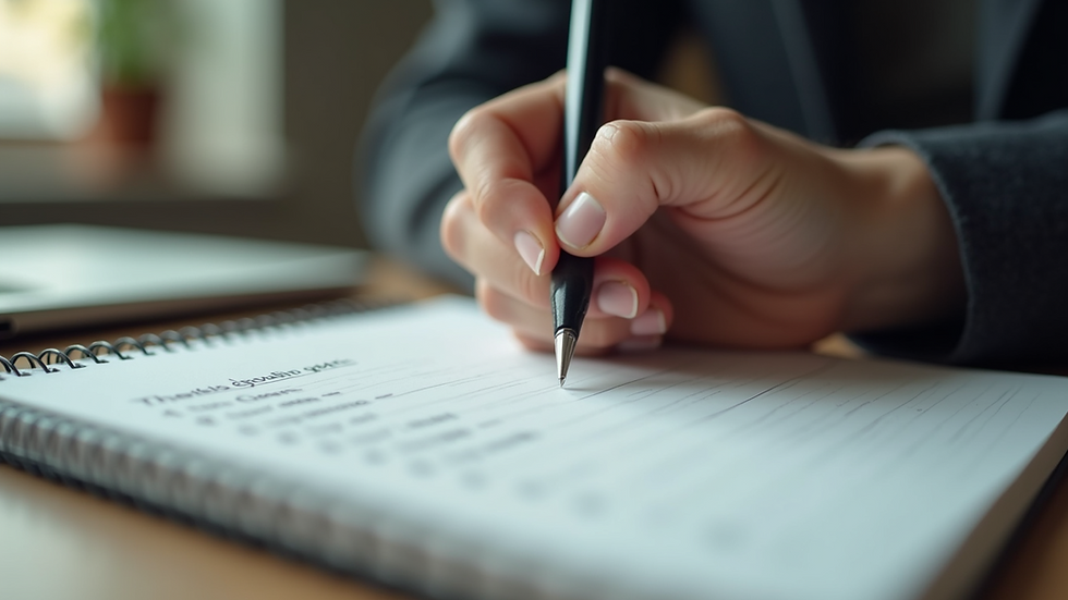 Eye-level view of a person writing goals in a notebook