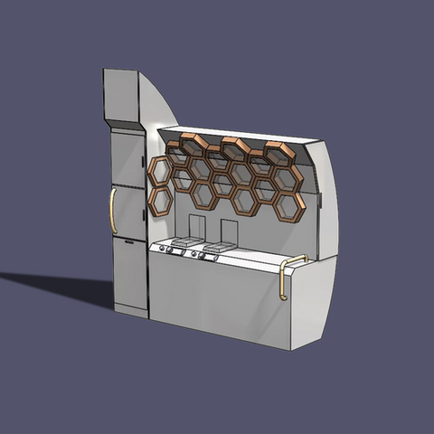 Modular kitchen with enclosed hive-like cabinets 