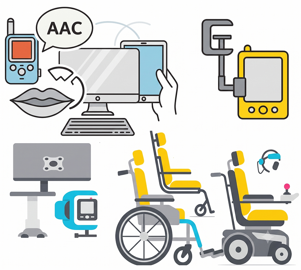 Collage of complex rehabilitation equipment like power wheelchairs and AAC