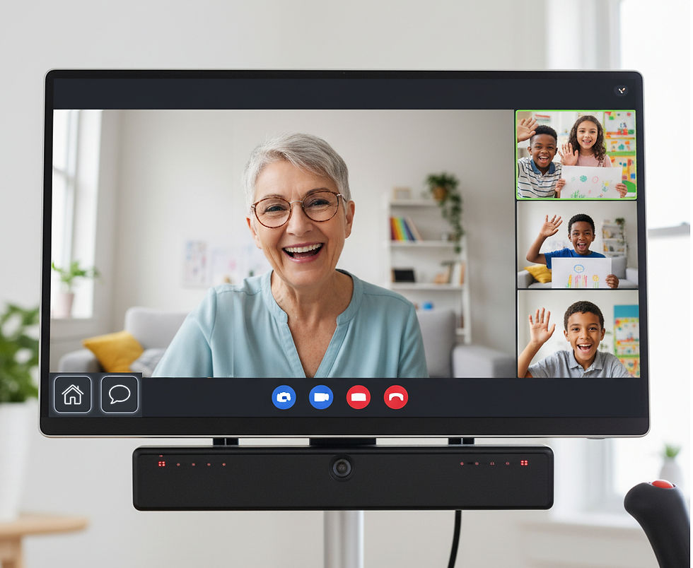 Woman using eye-gaze device with avideo call with her grandchildren