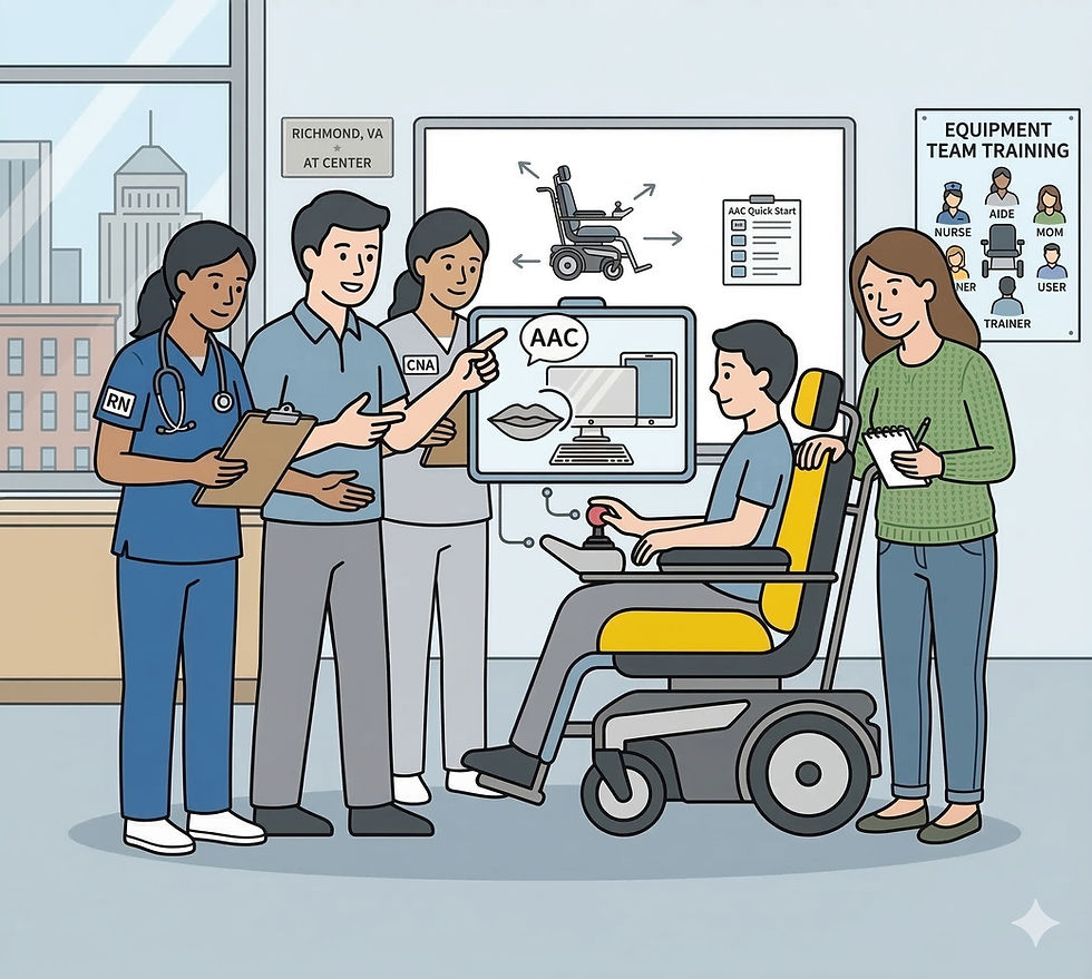 Picture of staff training with patient in power wheelchair using AAC device