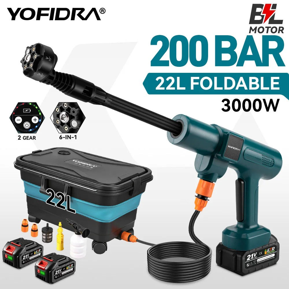 YOFIDRA 200Bar Brushless High Pressure Washer Electric Water Gun With Bucket Car
